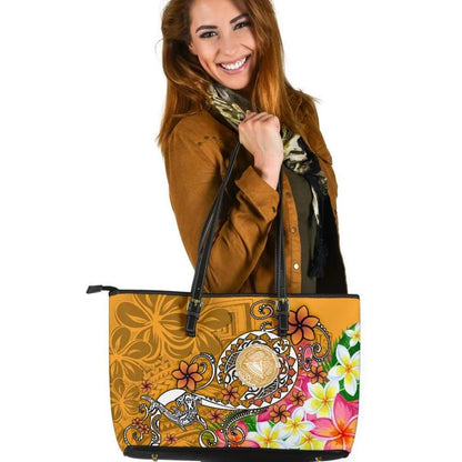 American Samoa Polynesian Leather Tote Bag Turtle Plumeria Gold