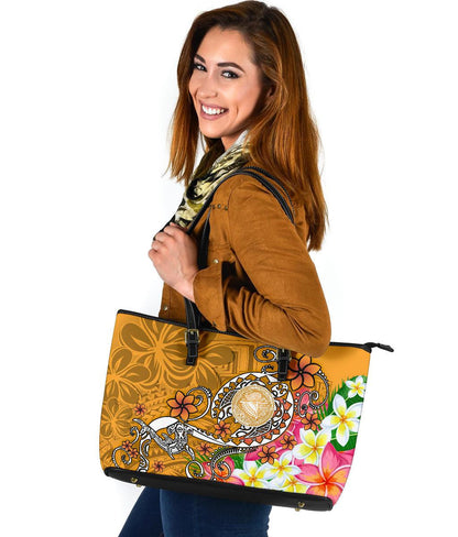 American Samoa Polynesian Leather Tote Bag Turtle Plumeria Gold