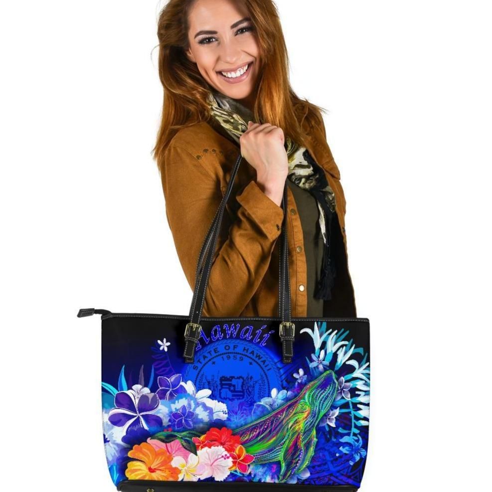 Polynesian Hawaii Leather Tote Bag Humpback Whale With Tropical Flowers Blue