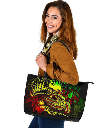 Papua New Guinea Leather Tote Bag Reggae Shark Polynesian Tattoo