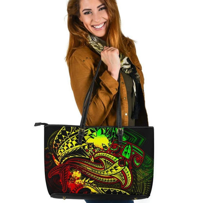 Papua New Guinea Leather Tote Bag Reggae Shark Polynesian Tattoo