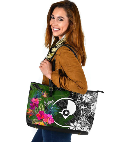 Yap Leather Tote Bag Turtle Plumeria Banana Leaf