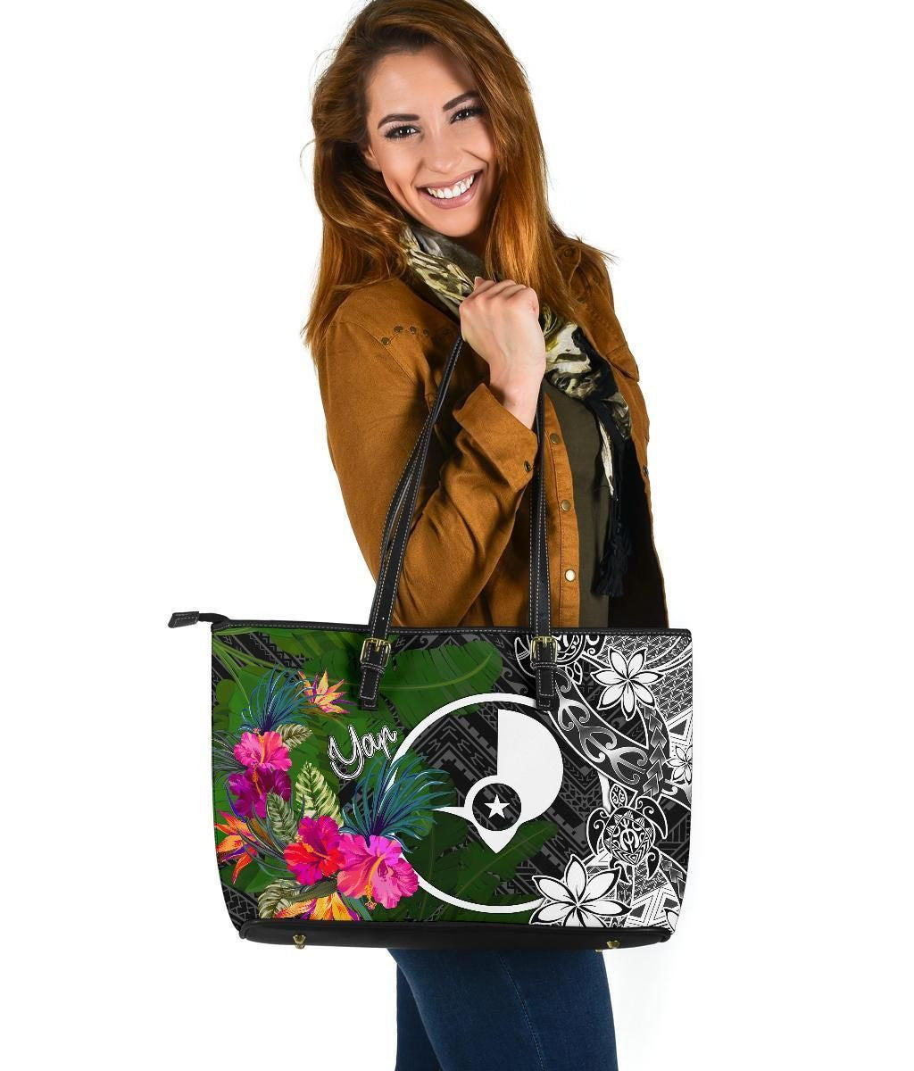 Yap Leather Tote Bag Turtle Plumeria Banana Leaf