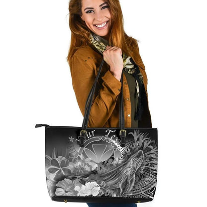 Polynesian Hawaii Custom Personalised Leather Leather Tote Bags Kanaka Maoli Humpback Whale With Tropical Flowers White