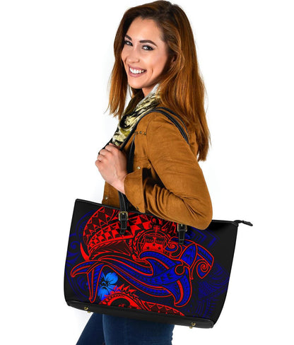 Samoa Leather Tote Bag Blue Shark Polynesian Tattoo