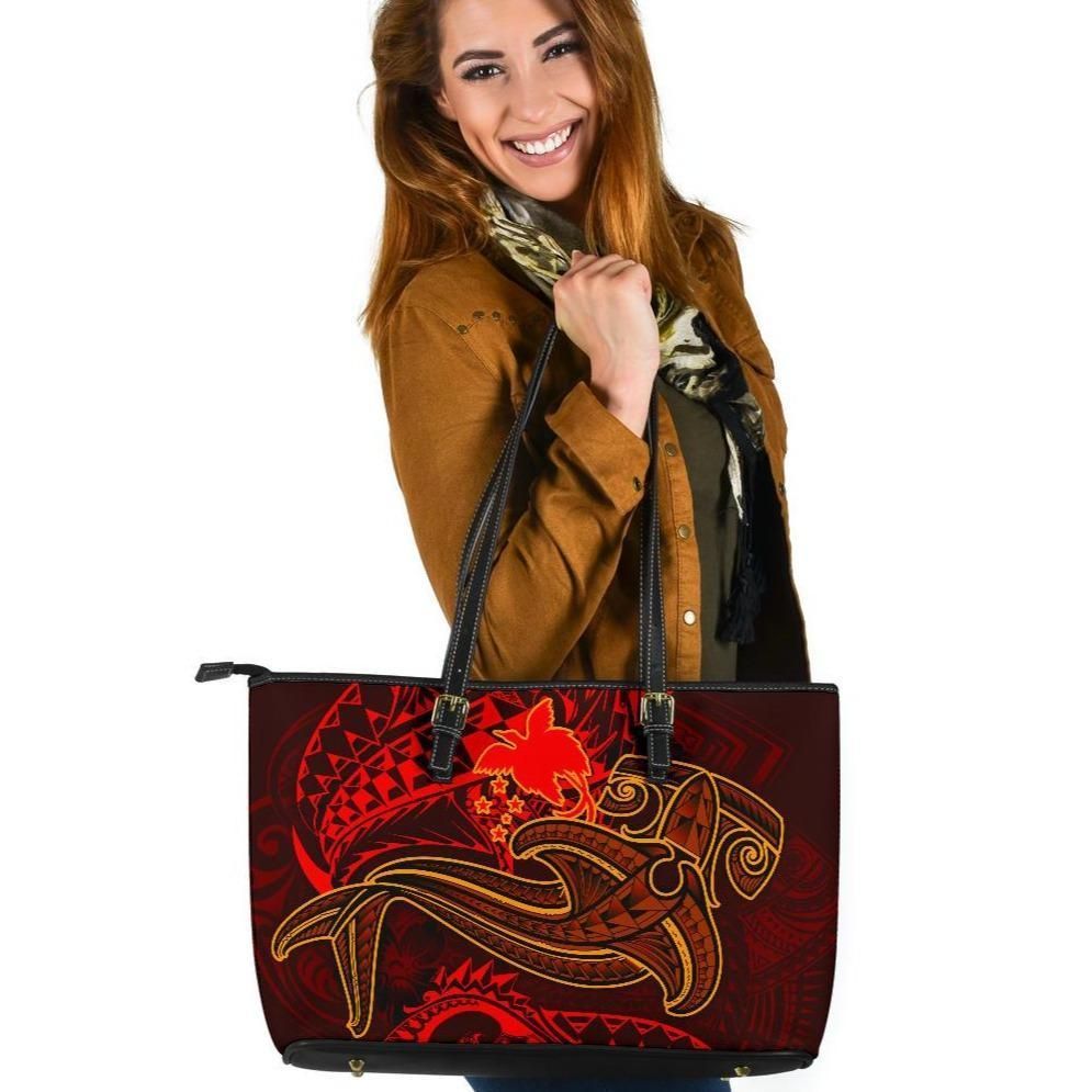 Papua New Guinea Leather Tote Bag Red Shark Polynesian Tattoo