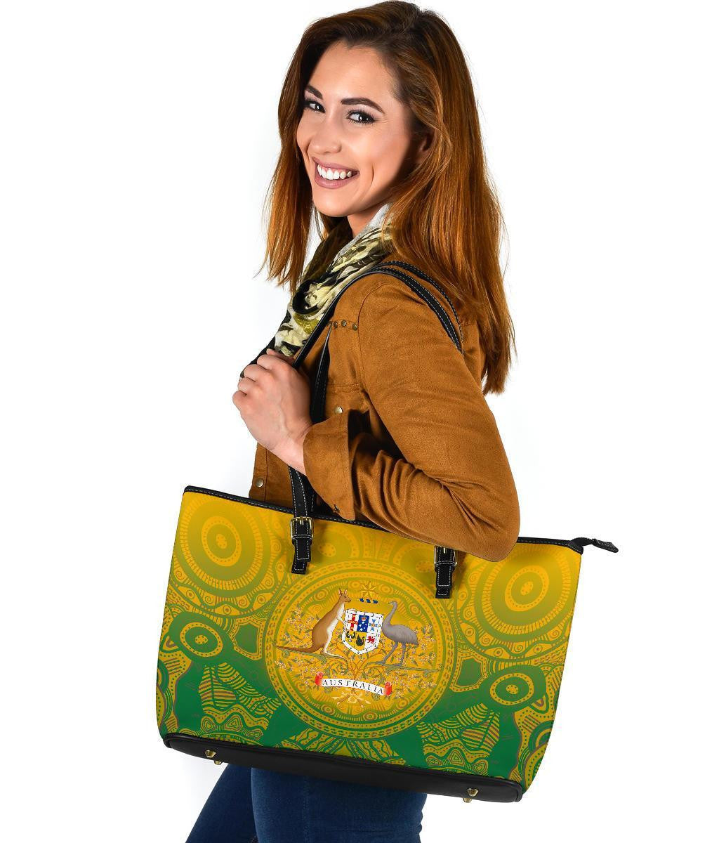 Australia Aboriginal Leather Tote Bag, Australia Rugby And Coat Of Arms Ver02