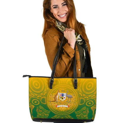 Australia Aboriginal Leather Tote Bag, Australia Rugby And Coat Of Arms Ver02