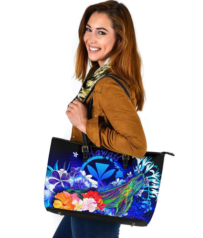 Polynesian Hawaii Leather Tote Bags Kanaka Maoli Humpback Whale With Tropical Flowers Blue