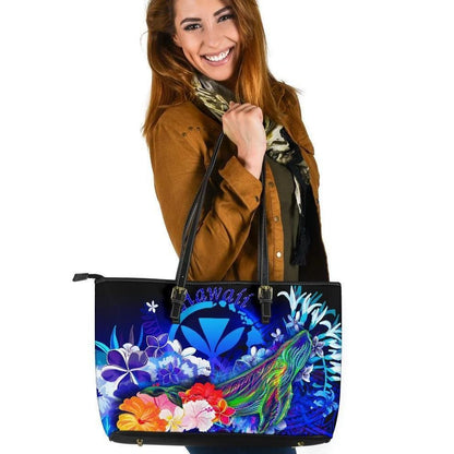Polynesian Hawaii Leather Tote Bags Kanaka Maoli Humpback Whale With Tropical Flowers Blue