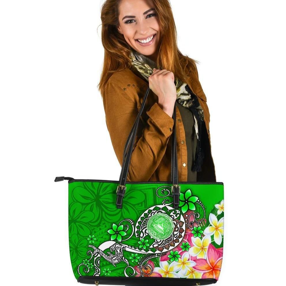 American Samoa Polynesian Leather Tote Bag Turtle Plumeria Green