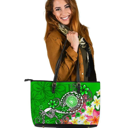 American Samoa Polynesian Leather Tote Bag Turtle Plumeria Green