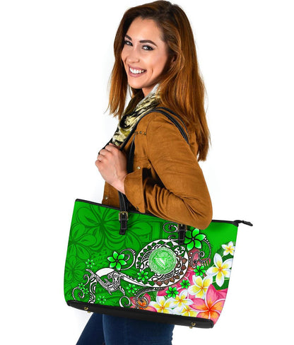 American Samoa Polynesian Leather Tote Bag Turtle Plumeria Green