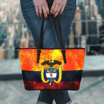 Colombia Grunge Flag Leather Tote Bag