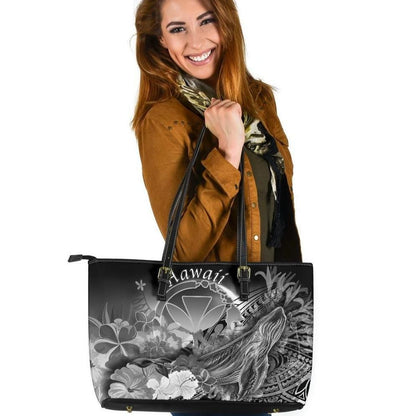 Polynesian Hawaii Leather Tote Bags Kanaka Maoli Humpback Whale With Tropical Flowers White