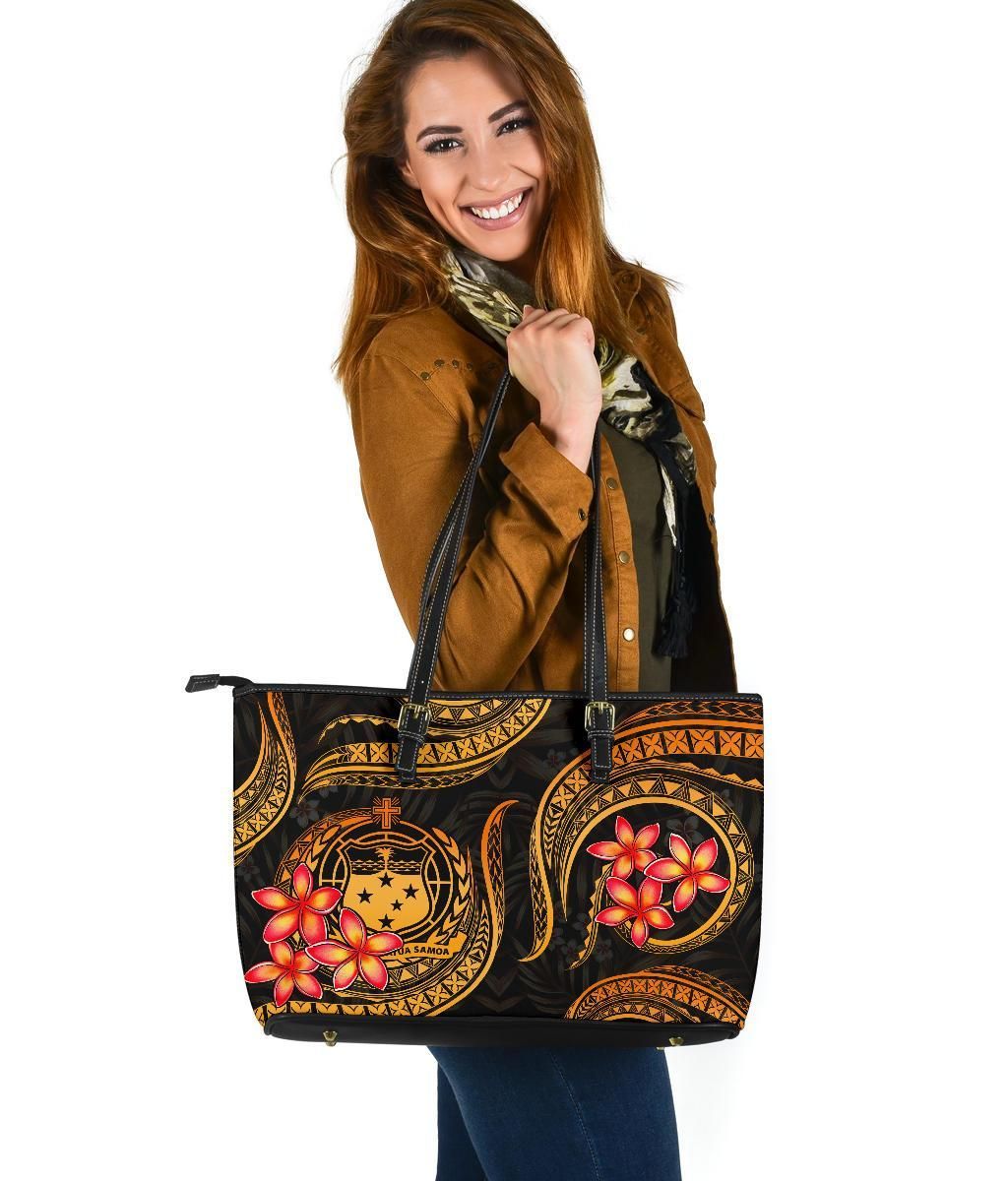 Samoa Polynesian Leather Tote Bag Gold Plumeria
