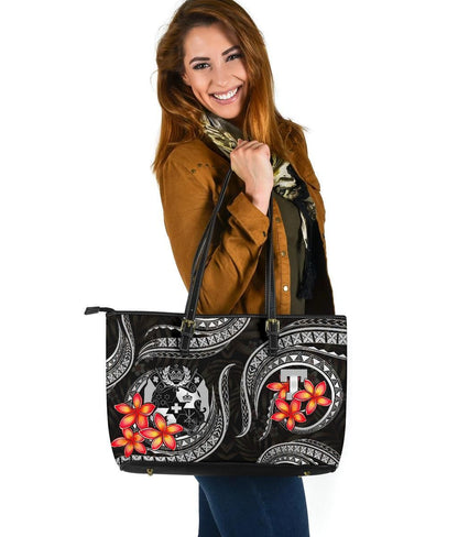 Tonga Polynesian Leather Tote Bag White Plumeria