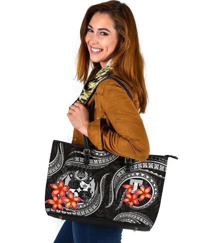 Tonga Polynesian Leather Tote Bag White Plumeria