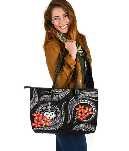 Samoa Polynesian Leather Tote Bag White Plumeria