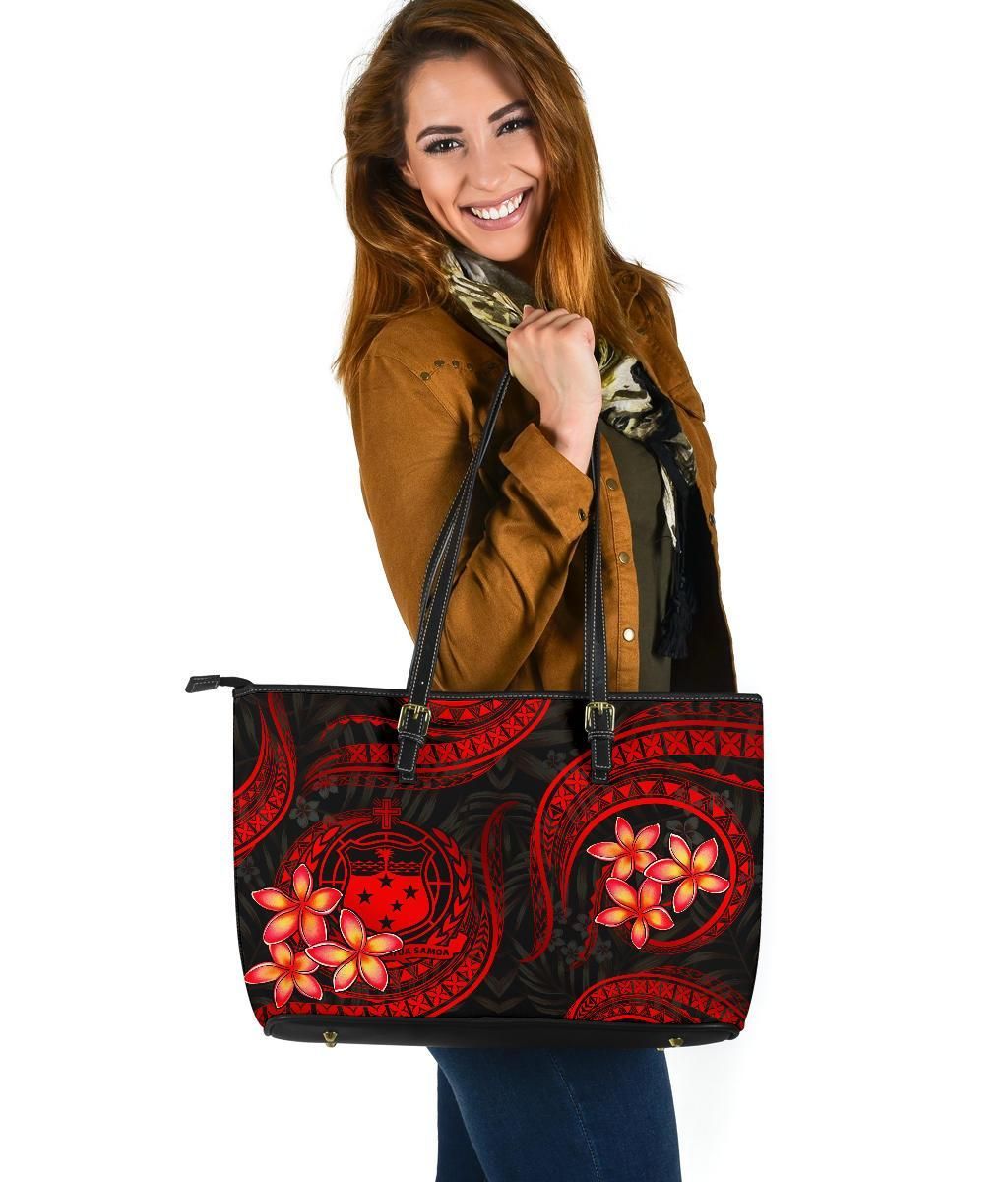 Samoa Polynesian Leather Tote Bag Red Plumeria