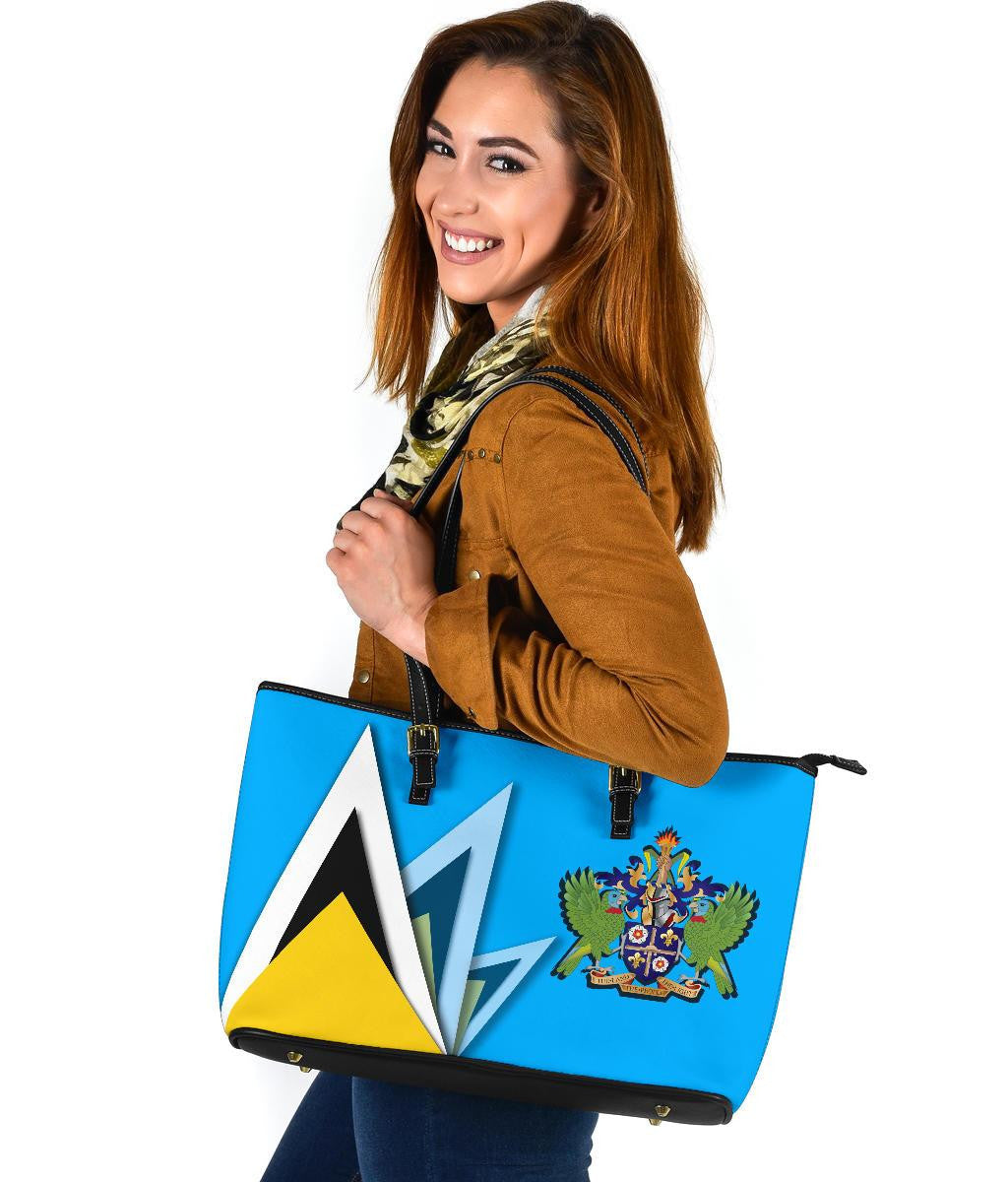 Saint Lucia Leather Tote Bag Flag With Coat Of Arms