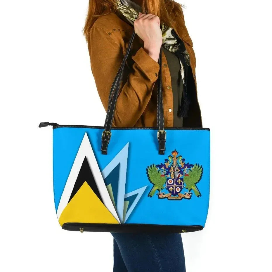 Saint Lucia Leather Tote Bag Flag With Coat Of Arms