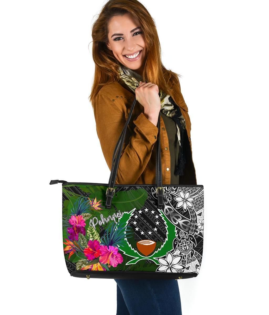 Pohnpei Leather Tote Bag Turtle Plumeria Banana Leaf