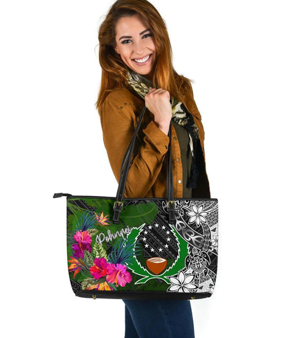 Pohnpei Leather Tote Bag Turtle Plumeria Banana Leaf