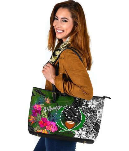 Pohnpei Leather Tote Bag Turtle Plumeria Banana Leaf