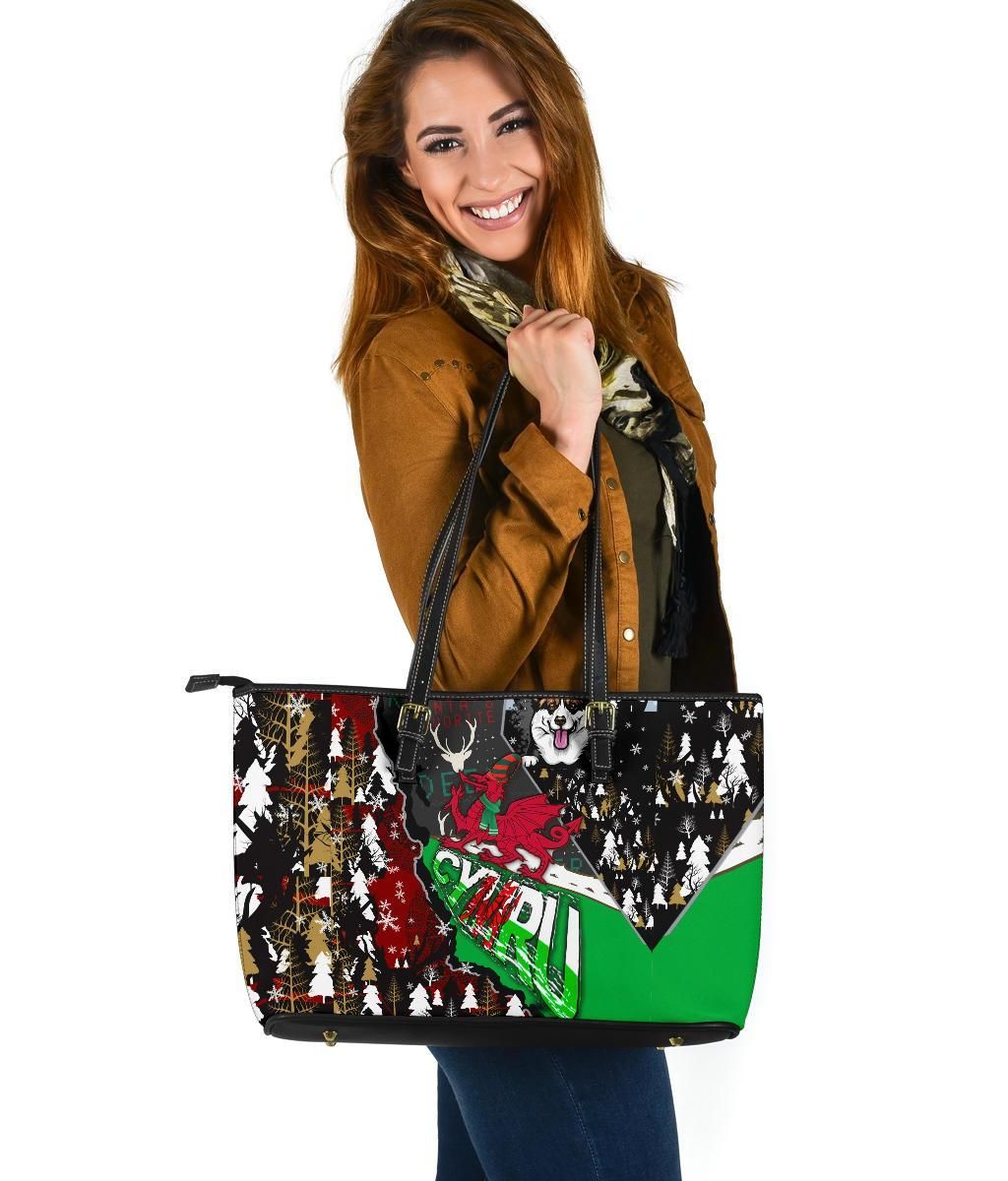 Nadolig Llawen And Pembroke Welsh Corgi Larege Leather Tote Bag Merry Celtic Christmas