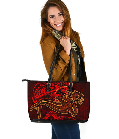 Guam Polynesian Leather Tote Bag Red Shark Polynesian Tattoo