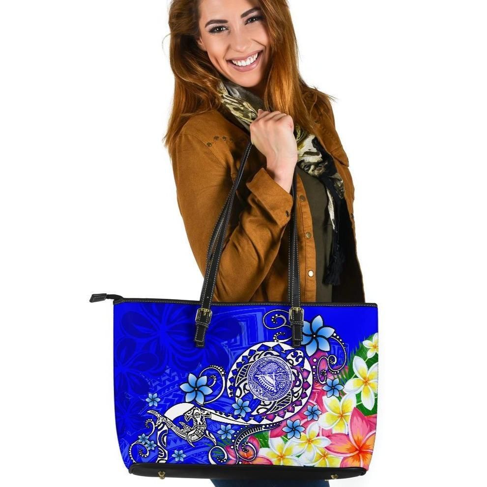 American Samoa Polynesian Leather Tote Bag Turtle Plumeria Blue