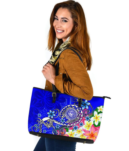 American Samoa Polynesian Leather Tote Bag Turtle Plumeria Blue