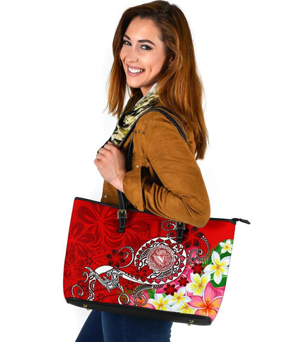 American Samoa Polynesian Leather Tote Bag Turtle Plumeria Red