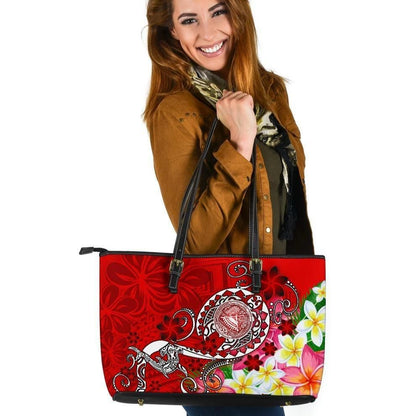 American Samoa Polynesian Leather Tote Bag Turtle Plumeria Red