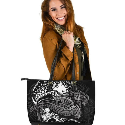 Papua New Guinea Leather Tote Bag White Shark Polynesian Tattoo