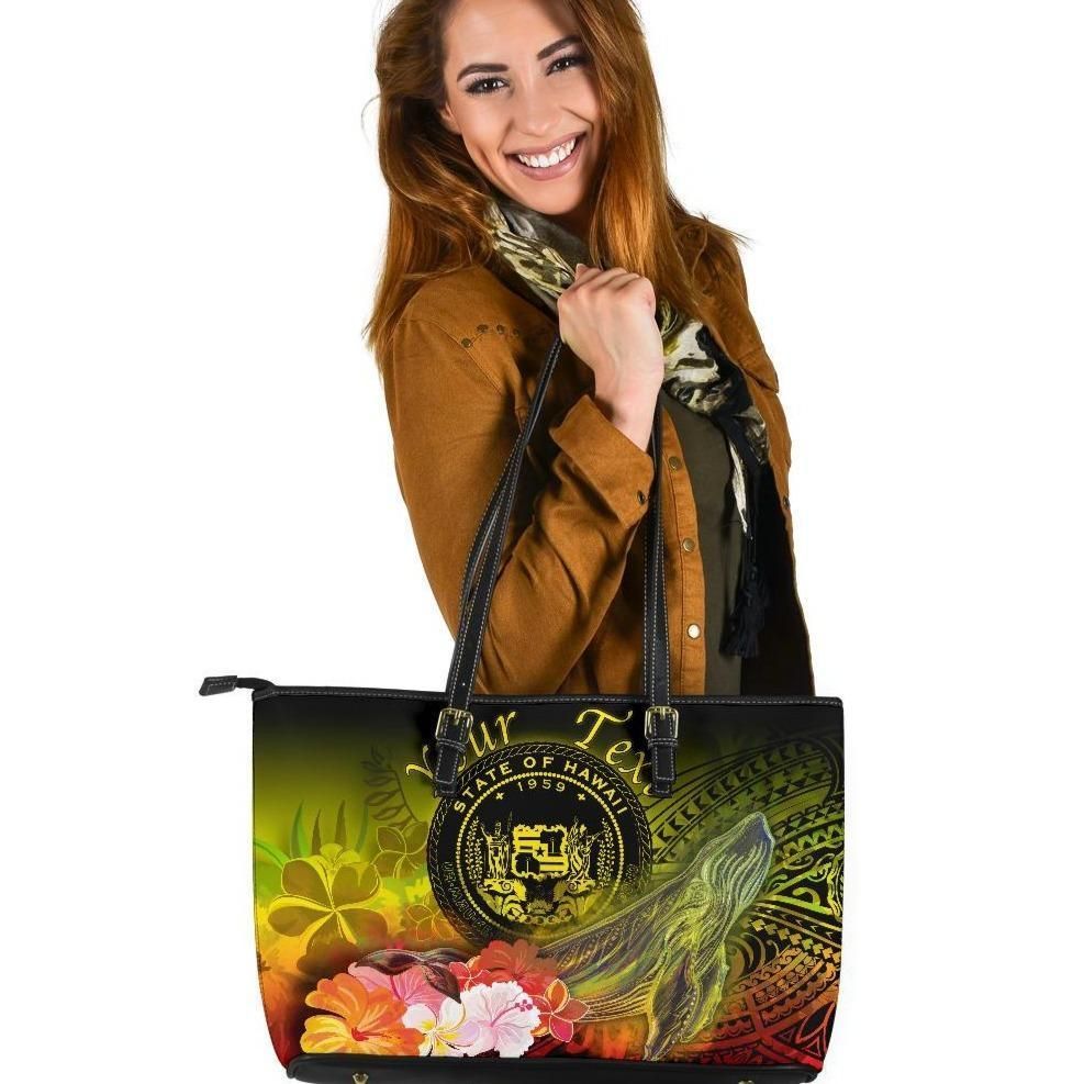 Polynesian Hawaii Custom Personalised Leather Tote Bag Humpback Whale With Tropical Flowers Yellow