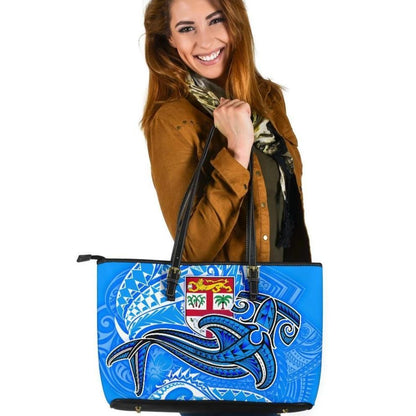 Fiji Leather Tote Bag Blue Shark Polynesian Tattoo