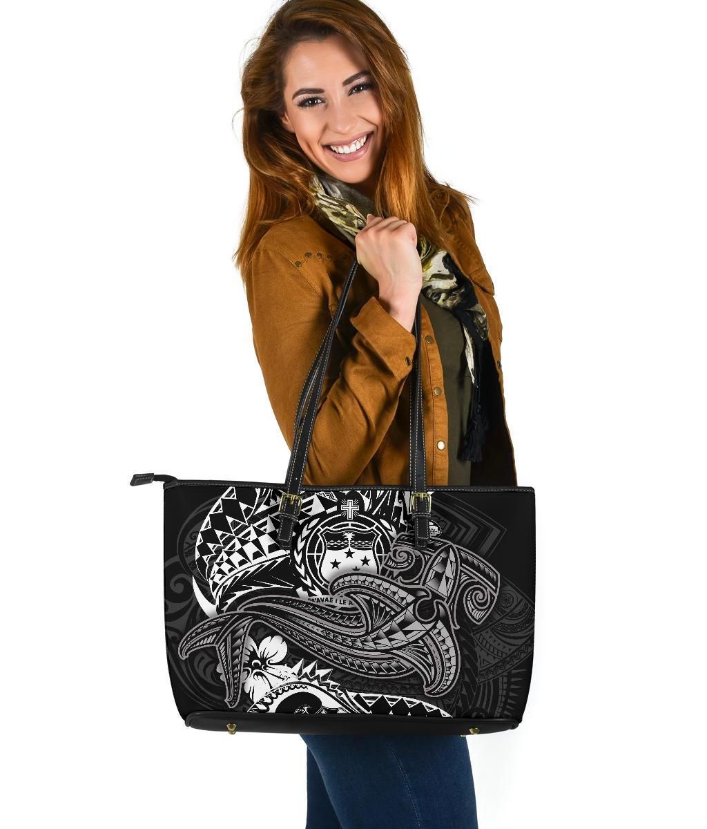 Samoa Leather Tote Bag White Shark Polynesian Tattoo