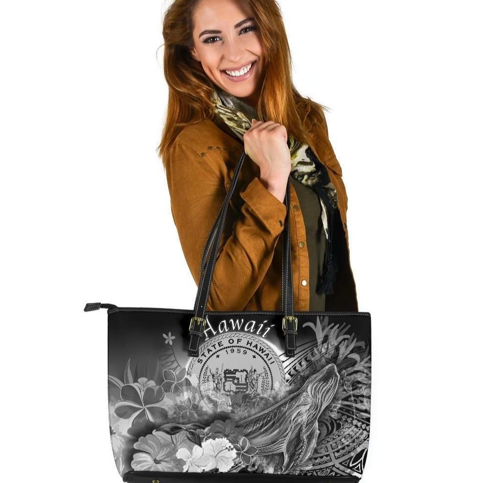 Polynesian Hawaii Leather Tote Bag Humpback Whale With Tropical Flowers White
