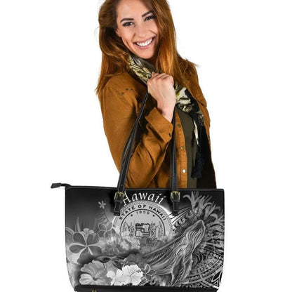Polynesian Hawaii Leather Tote Bag Humpback Whale With Tropical Flowers White
