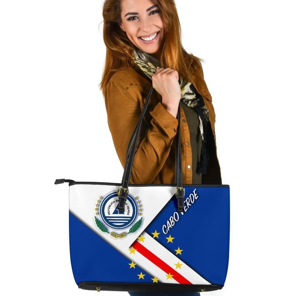 Cabo Verde Larg Leather Tote Bag Cabo Verde Flag And Coat Of Arms