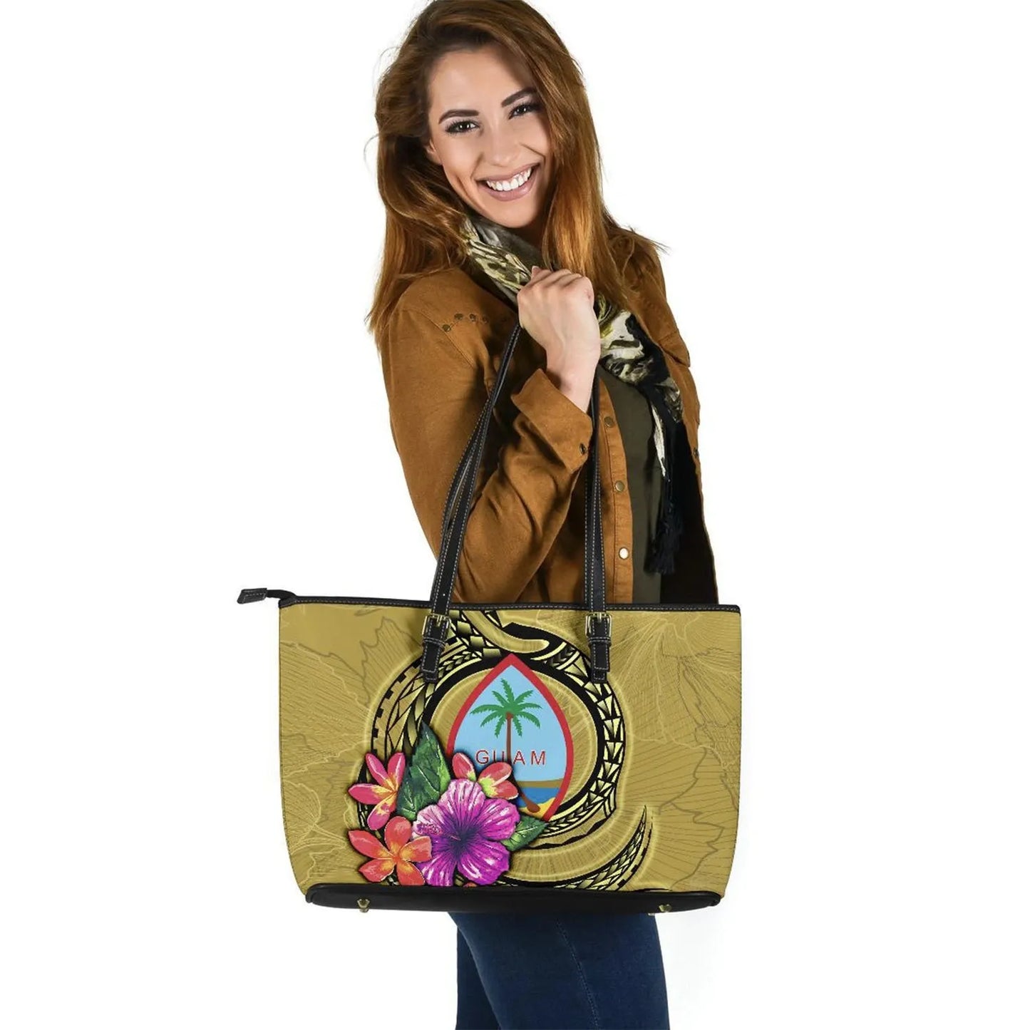 Guam Polynesian Leather Tote Bag Floral With Seal Gold