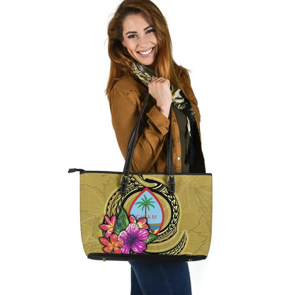 Guam Polynesian Leather Tote Bag Floral With Seal Gold
