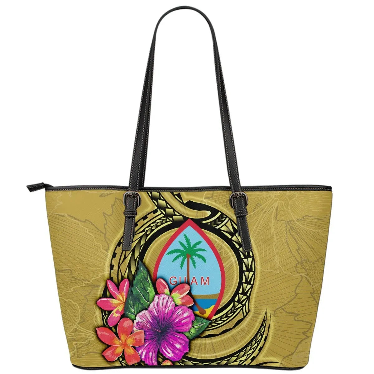 Guam Polynesian Leather Tote Bag Floral With Seal Gold