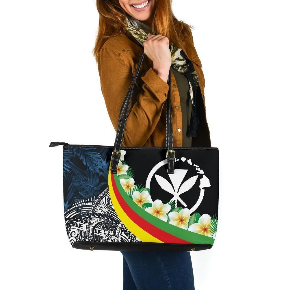 Polynesian Hawaii Leather Tote Bag Kanaka Maoli With Plumeria Style