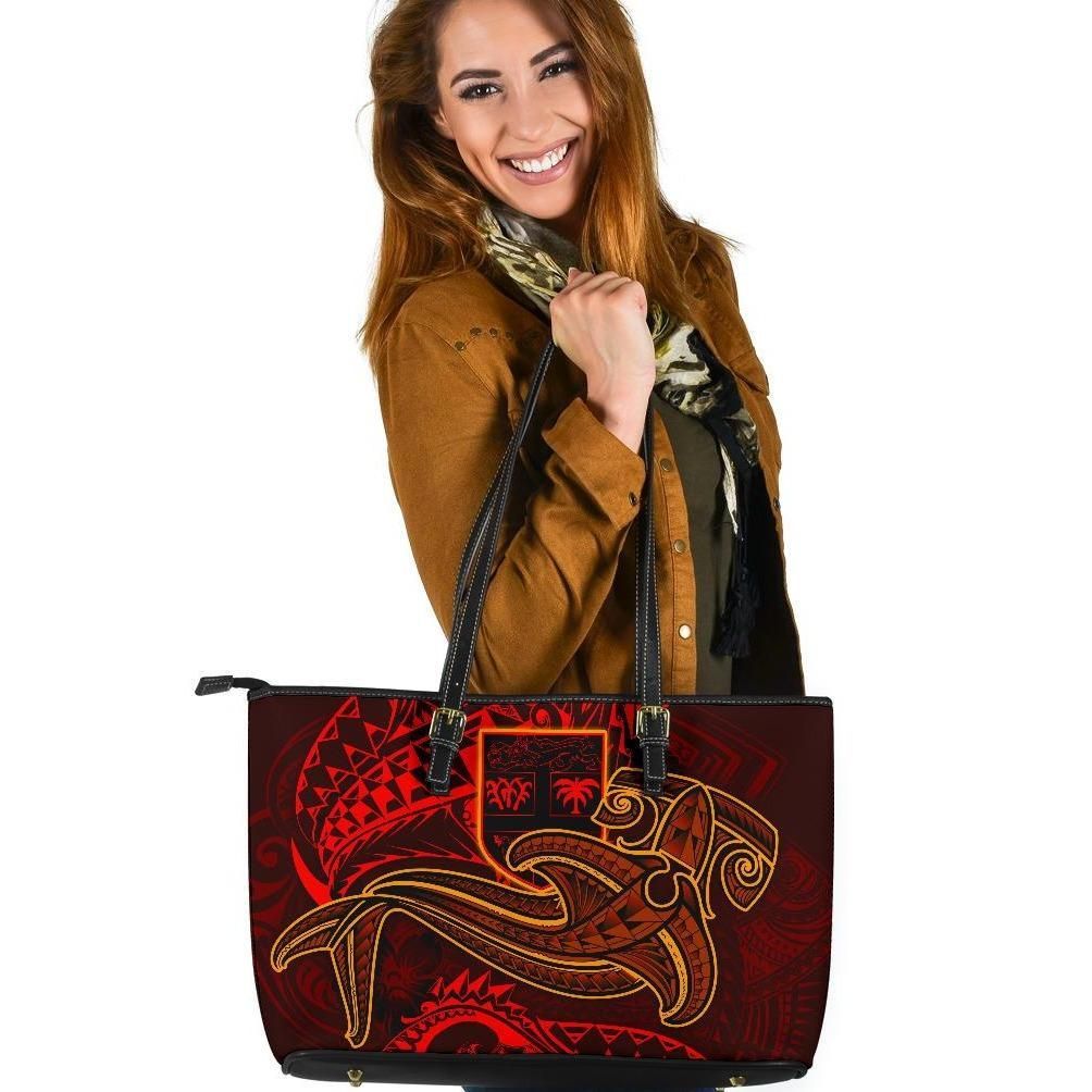 Fiji Leather Tote Bag Red Shark Polynesian Tattoo