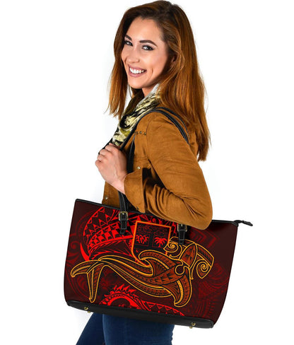 Fiji Leather Tote Bag Red Shark Polynesian Tattoo