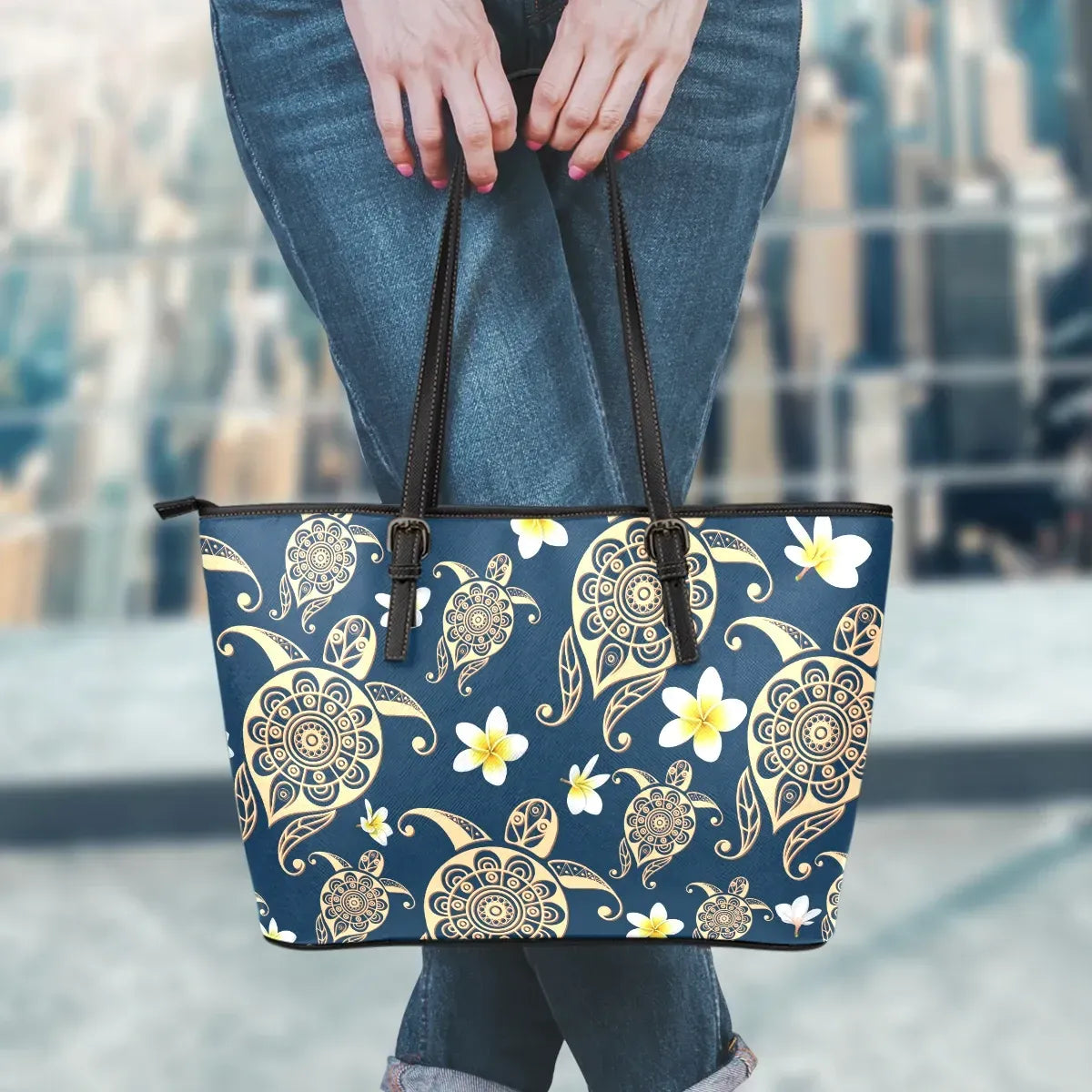 Turtle Plumeria Leather Tote Bag
