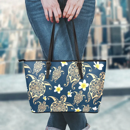 Turtle Plumeria Leather Tote Bag